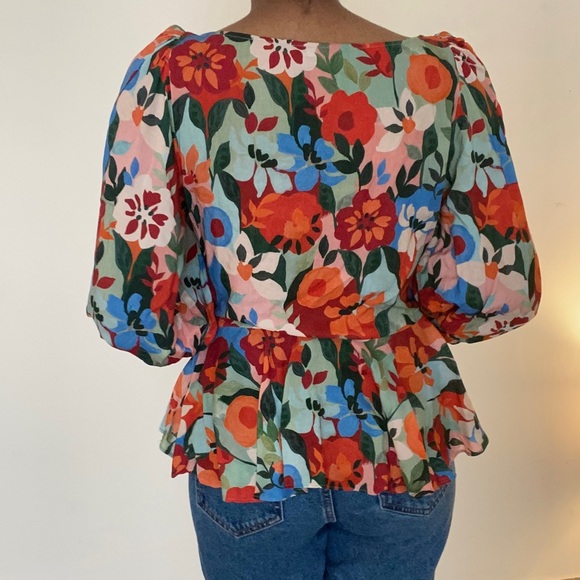 Zara floral colourful top in red orange green blue puff sleeves peplum shirring - Picture 6 of 7